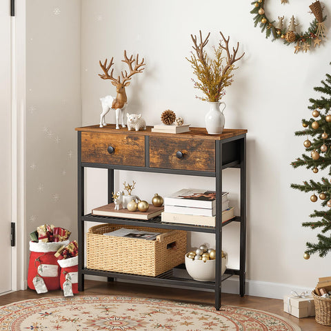 HOOBRO console table features two fabric drawers for discreet storage.