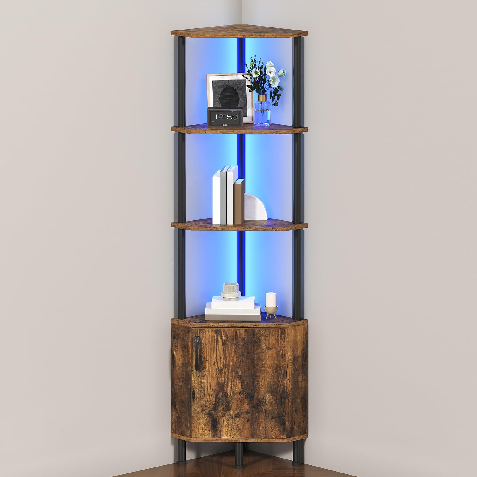 HOOBRO corner cabinet with LED light highlights display items beautifully.