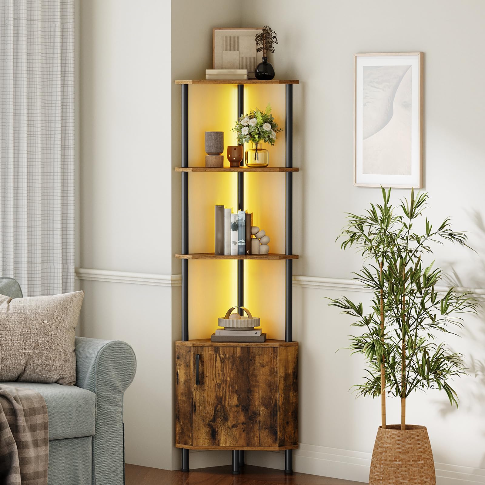 HOOBRO corner shelf with doors offers hidden storage to reduce visual clutter.