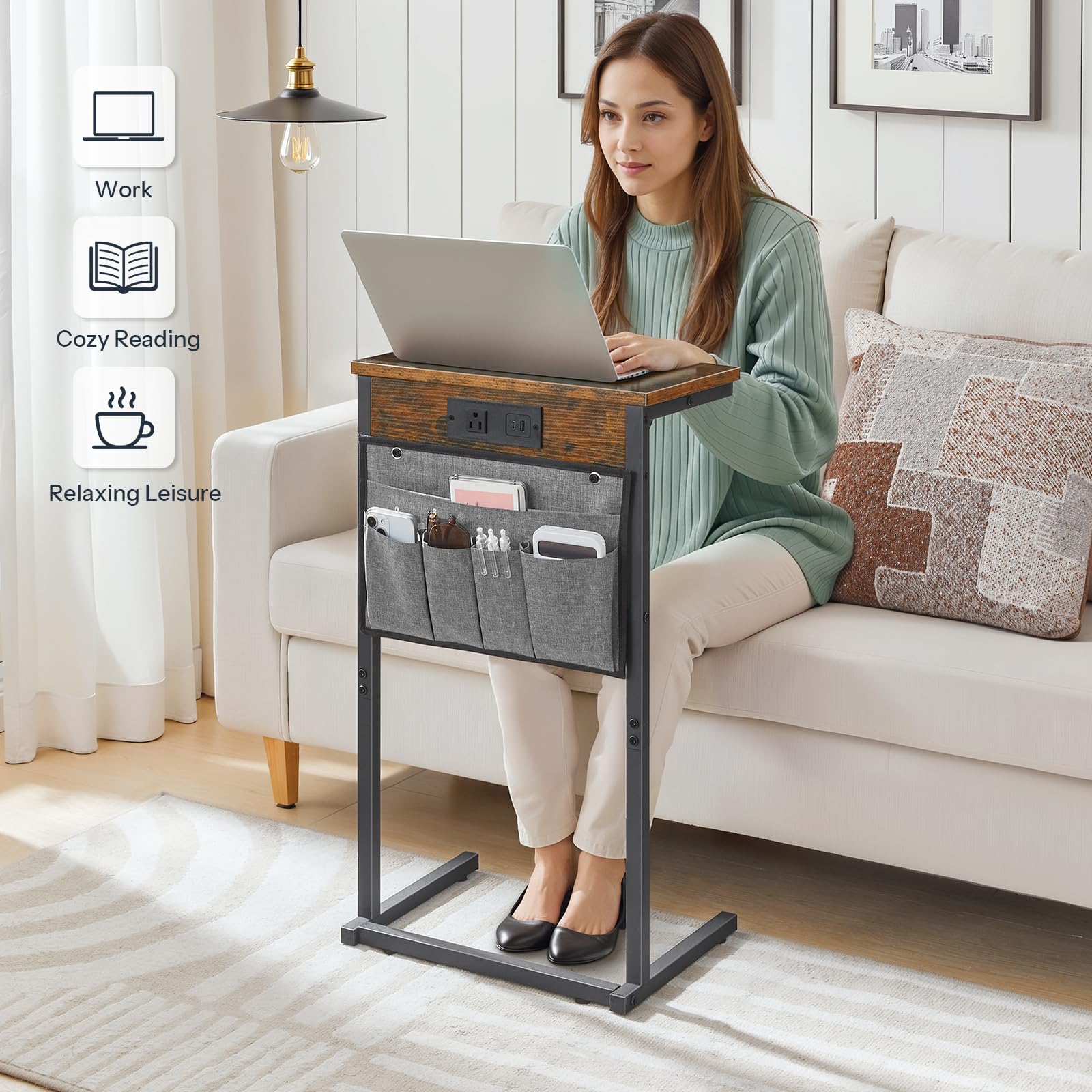 Adjustable feet on HOOBRO end table protecting floor surfaces