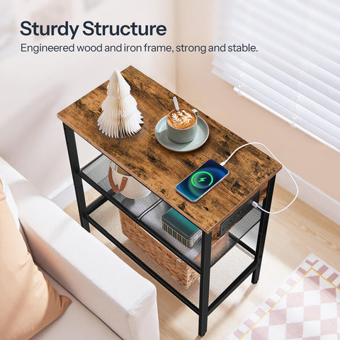 HOOBRO End Table with industrial black mesh and rustic finish for style.