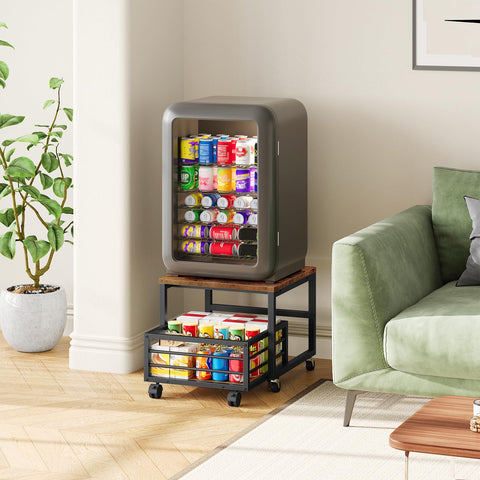 HOOBRO mini fridge stand with storage basket keeps bottles and snacks neatly within reach