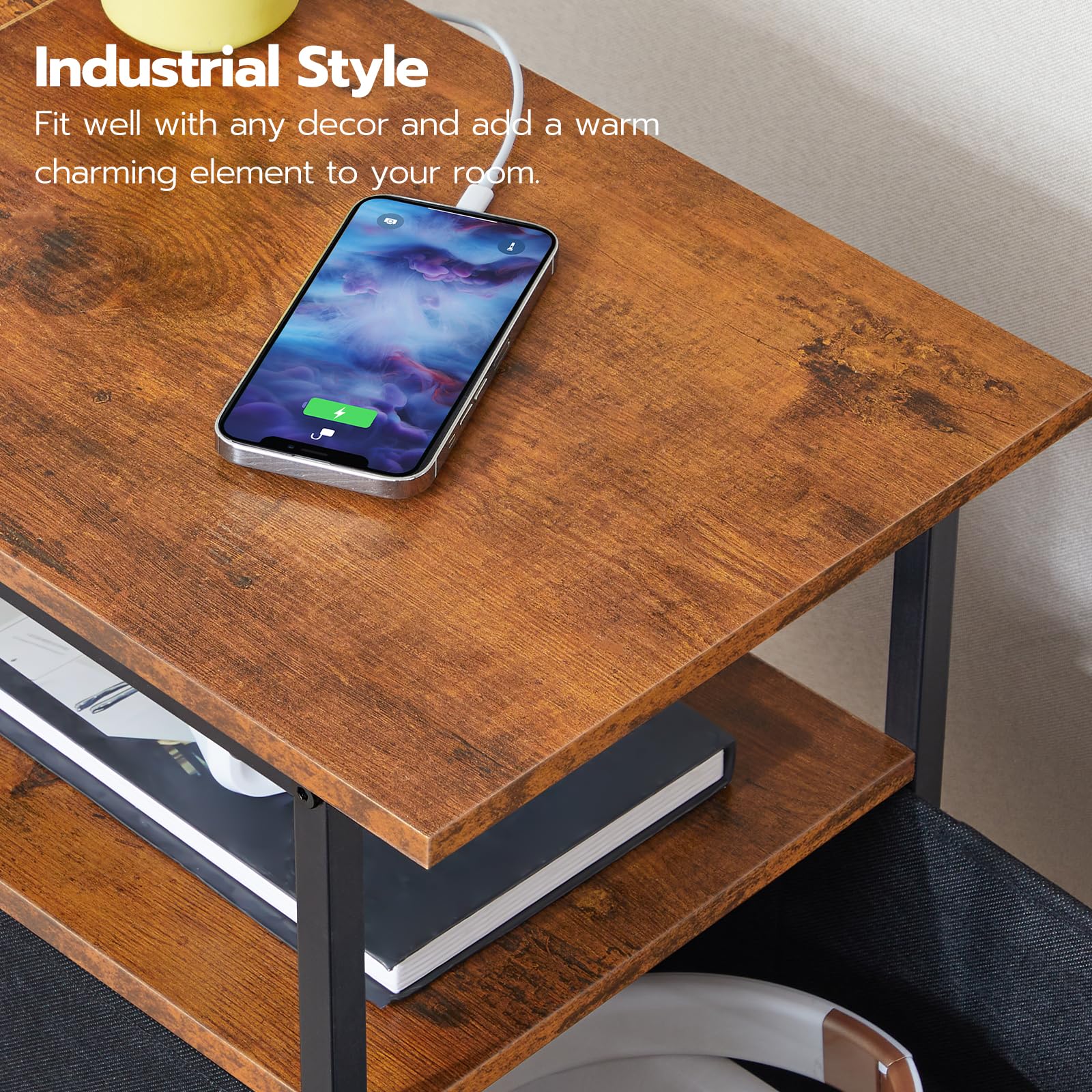 HOOBRO end table rustic brown panels and black iron frame add industrial style