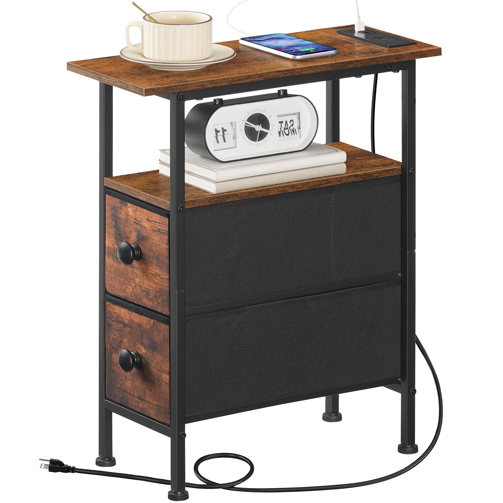 HOOBRO end table storage details showing open shelf and fabric drawer.
