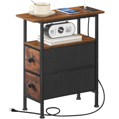 HOOBRO end table storage details showing open shelf and fabric drawer.
