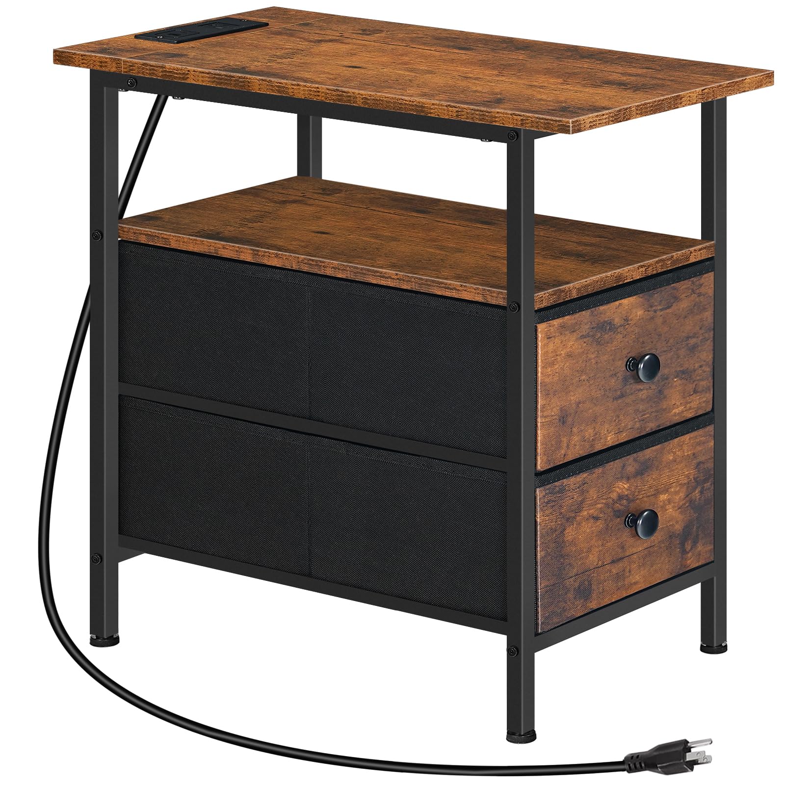 HOOBRO end table with charging station and drawers keeps devices organized by the bed