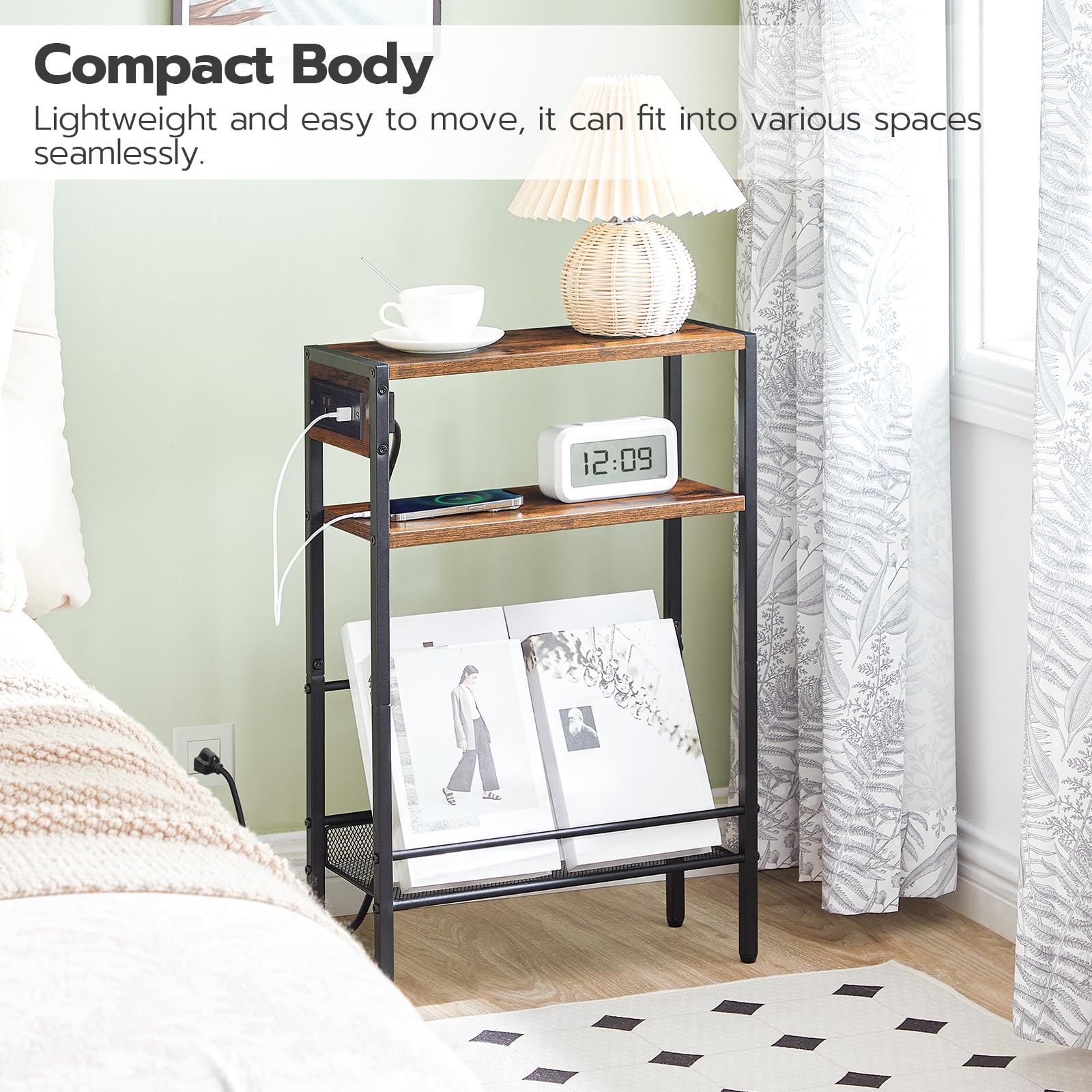 HOOBRO end table with open shelves keeps remotes and glasses organized.