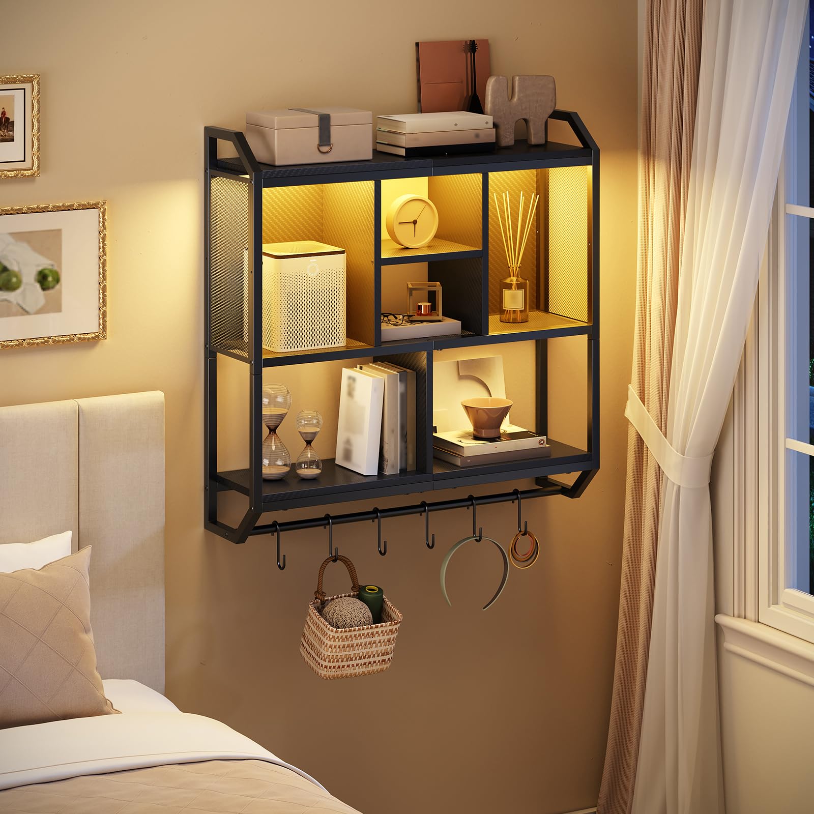 HOOBRO engineered wood and metal frame provide sturdy, durable wall storage.