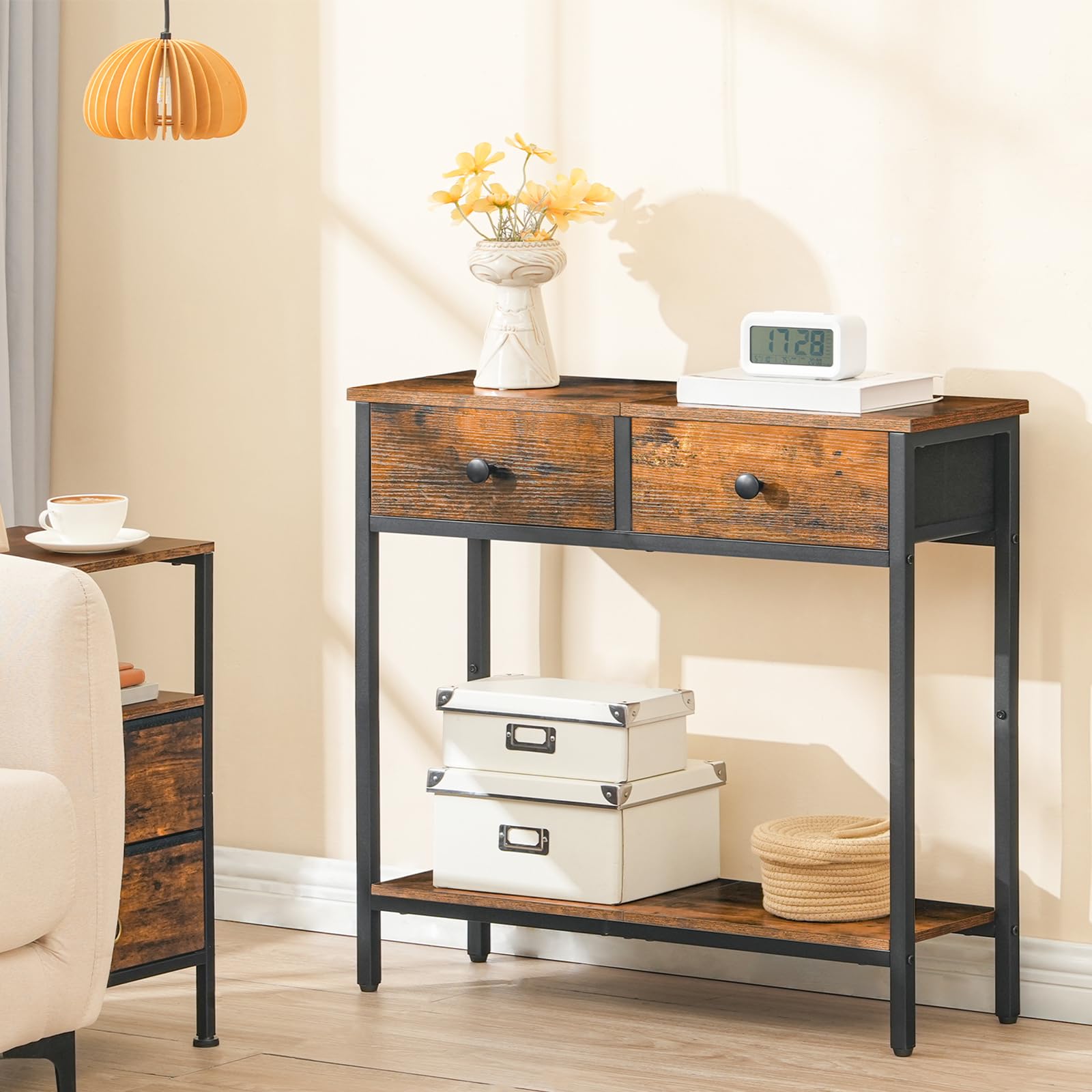 HOOBRO entryway table in rustic brown with a black frame.