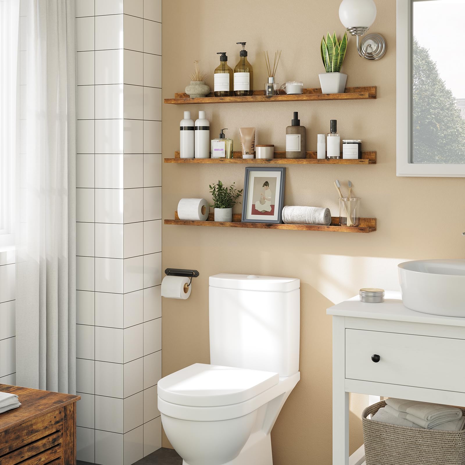HOOBRO floating shelves 3-pack showing invisible brackets for clean wall look.