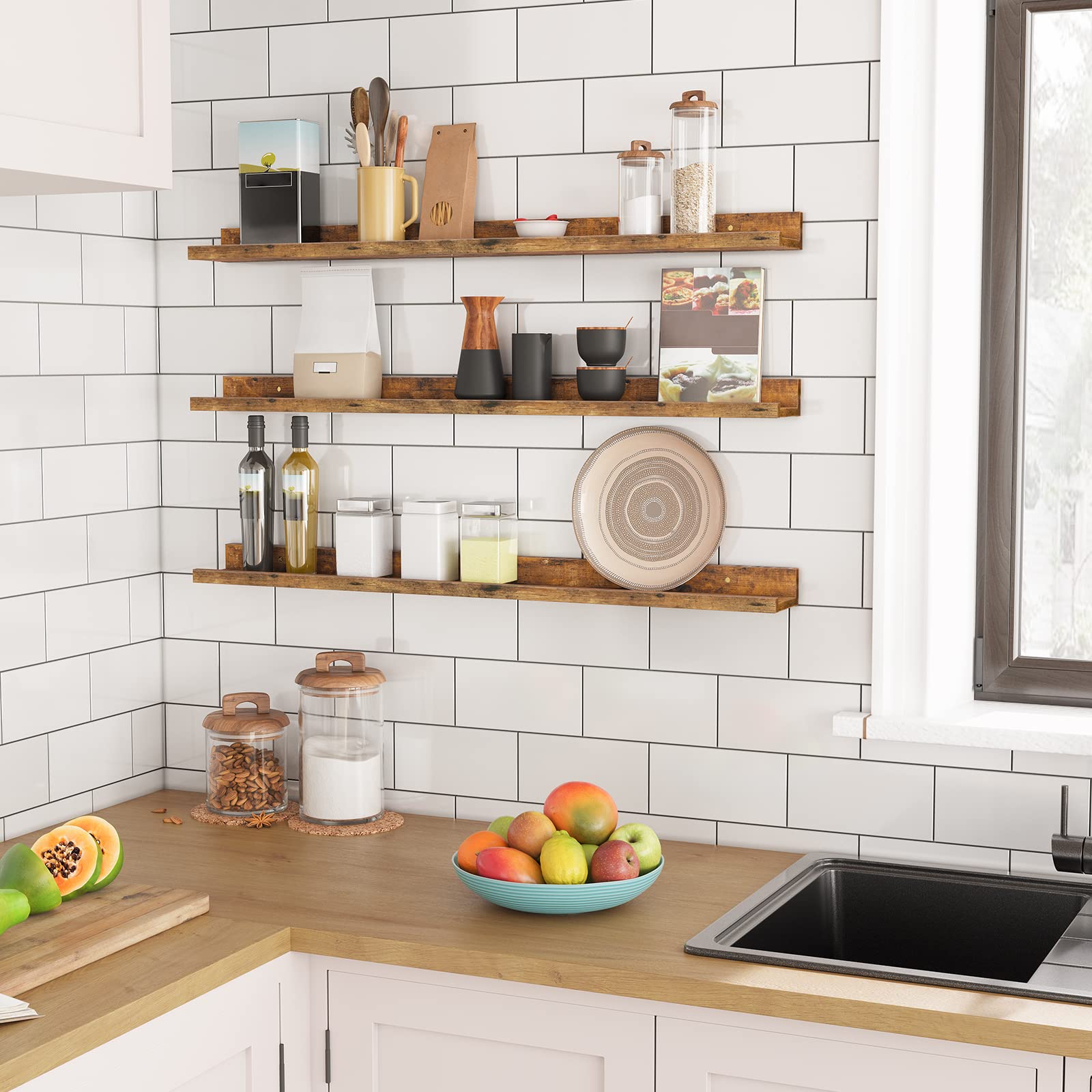 HOOBRO floating shelves 3-pack kitchen organization for jars and spices.