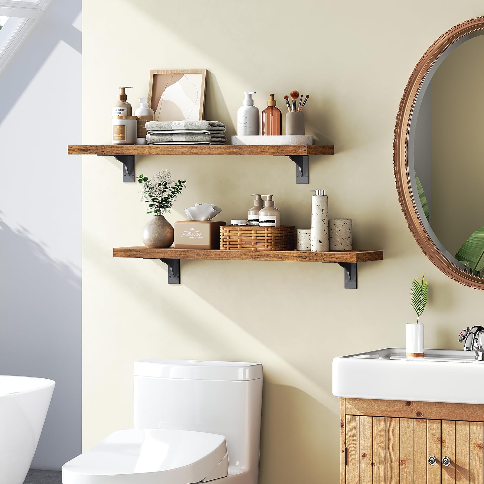 HOOBRO rustic brown finish shelves add warm storage accents to the wall.