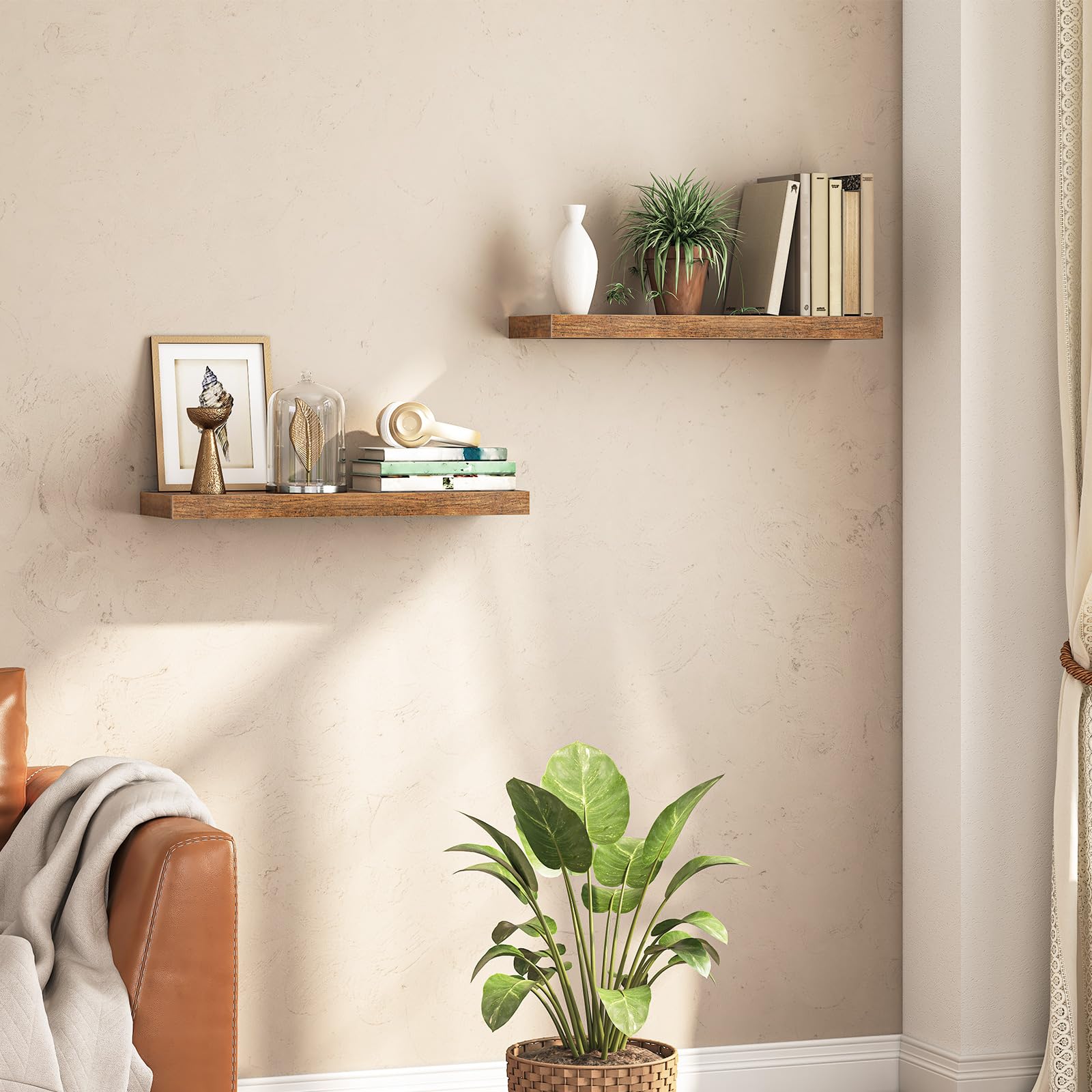 Compact HOOBRO shelves enable creative ladder or staggered arrangements.