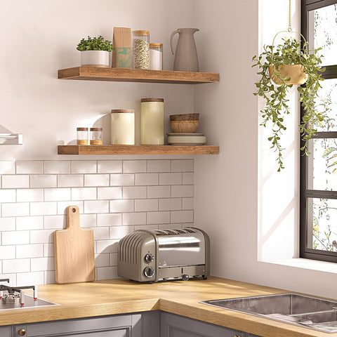 Rustic brown HOOBRO wood shelves ideal for displaying photos and trinkets.