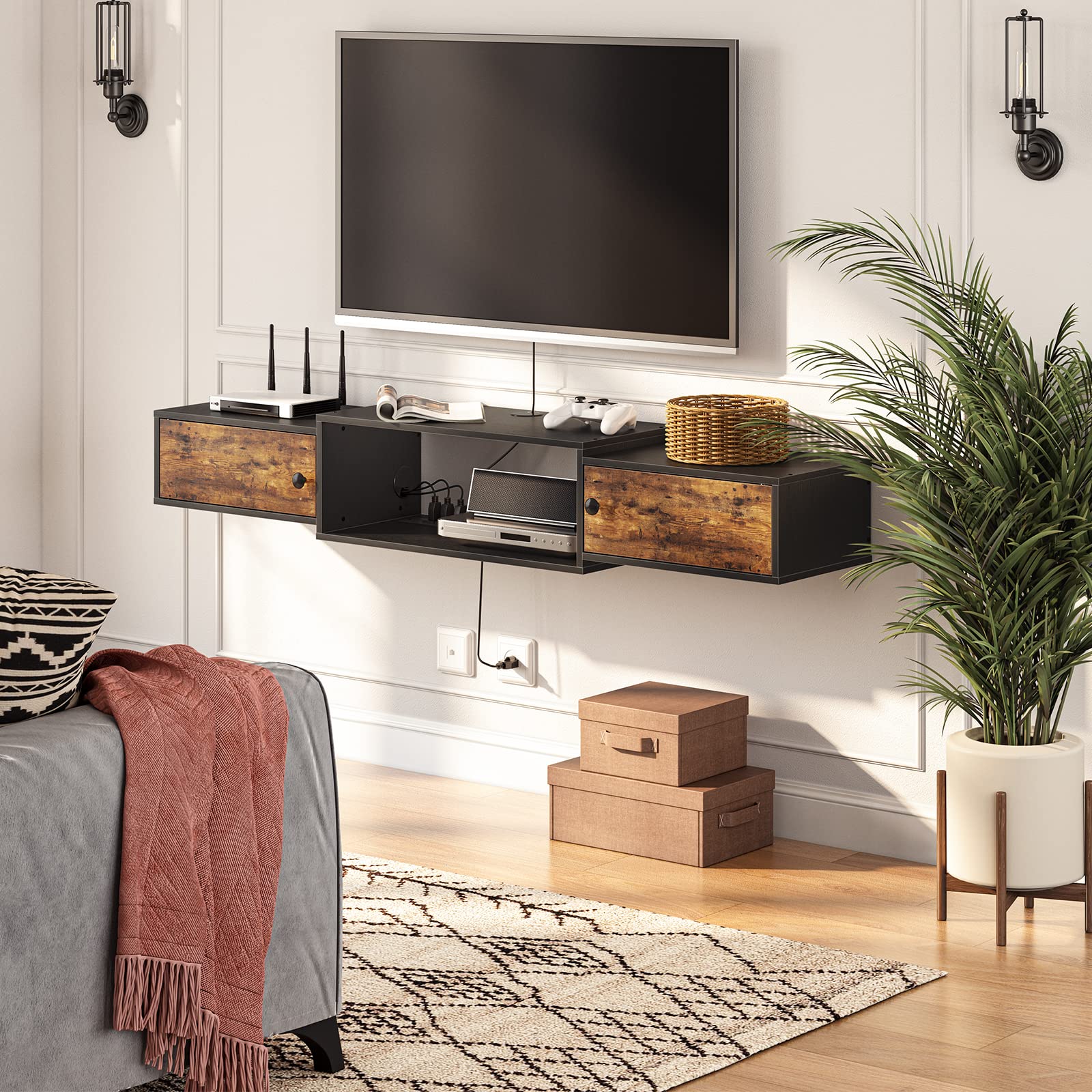 HOOBRO floating TV stand side doors hidden storage for devices