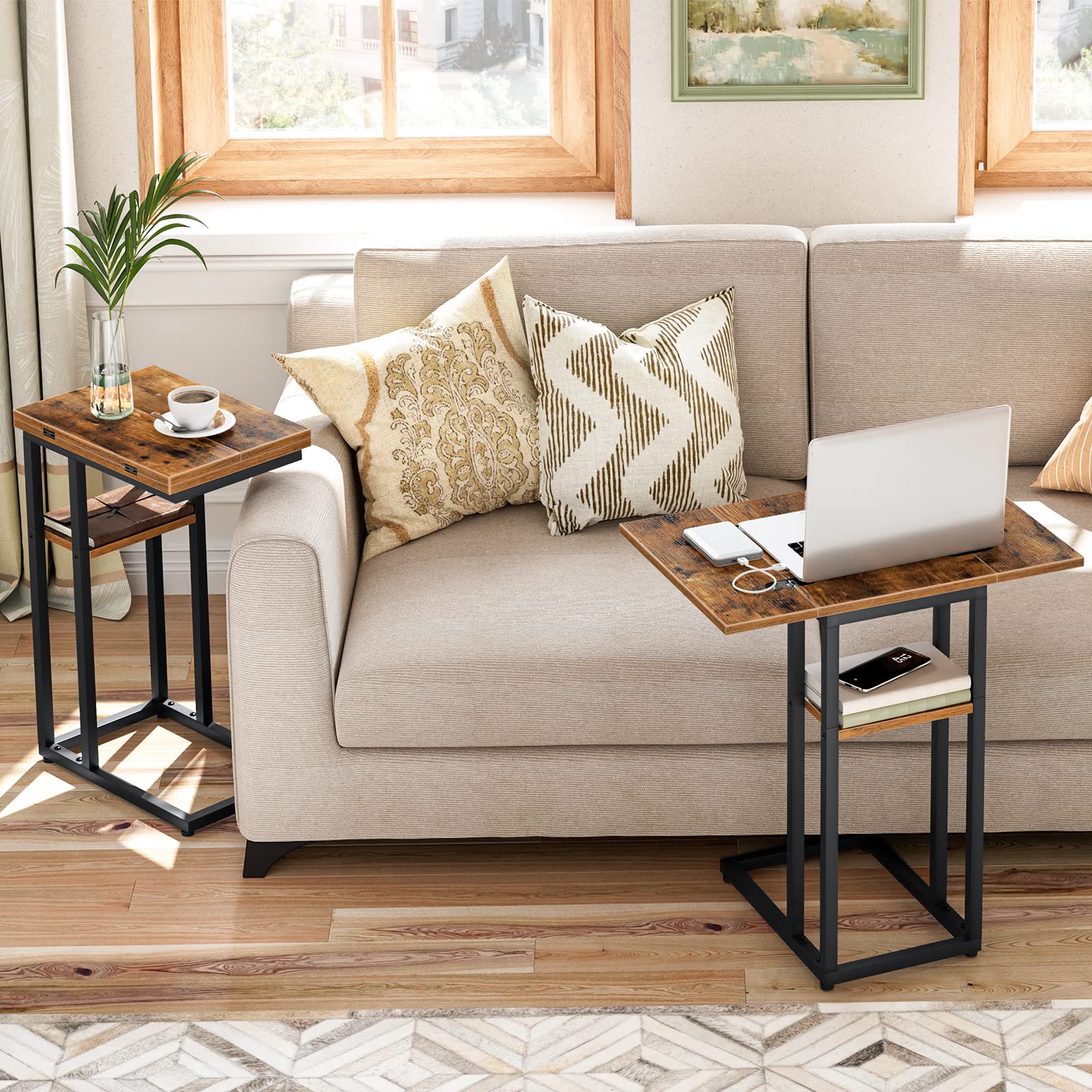 HOOBRO C-shaped table slips under sofa for easy remotes and drinks.