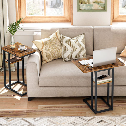 HOOBRO C-shaped table slips under sofa for easy remotes and drinks.