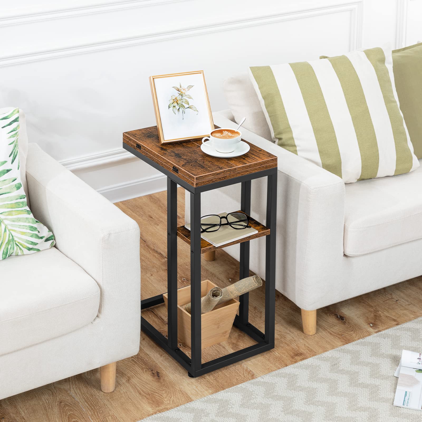 HOOBRO foldable end table with storage shelf keeps magazines organized.