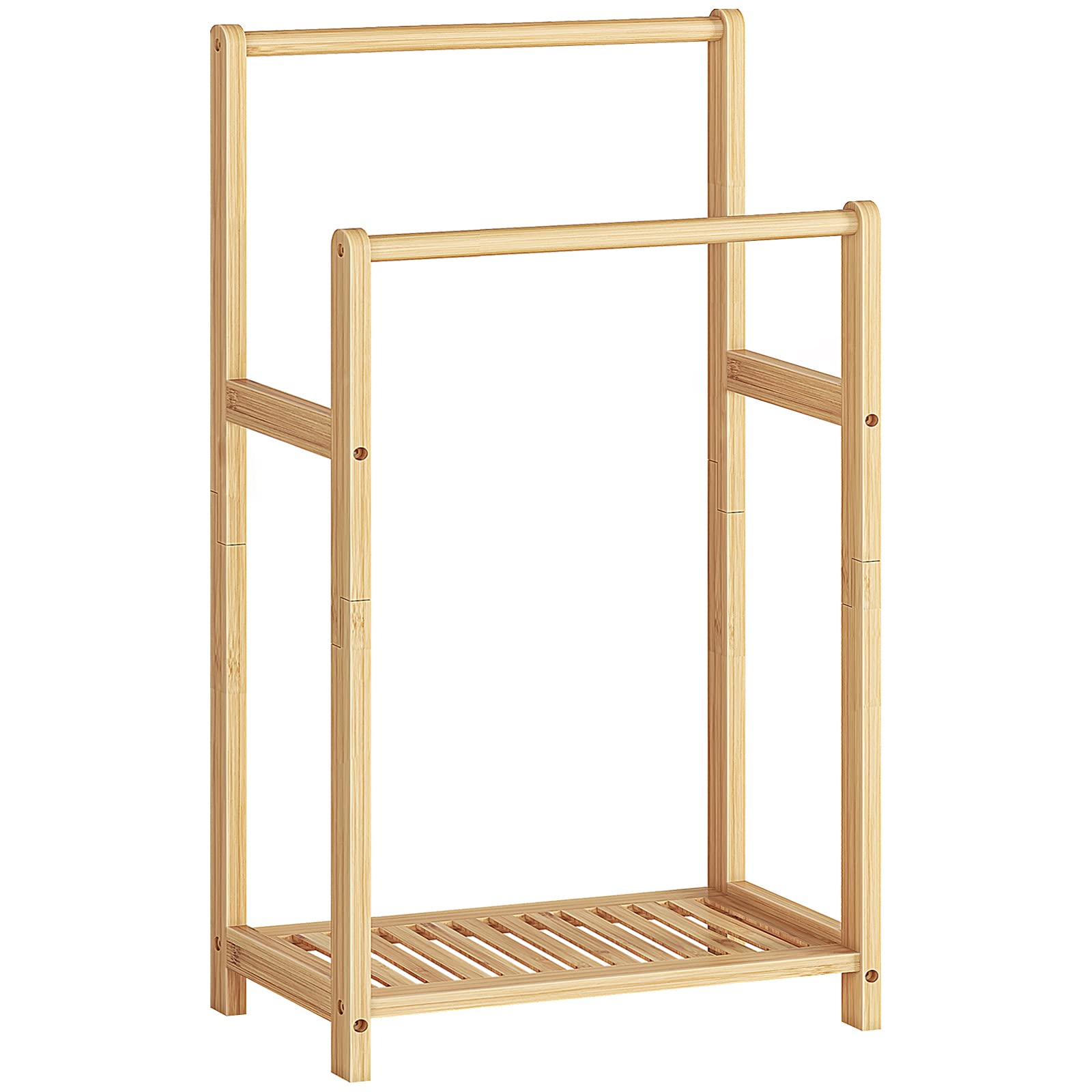 HOOBRO freestanding towel rack in bamboo with two tiers for organized towels.