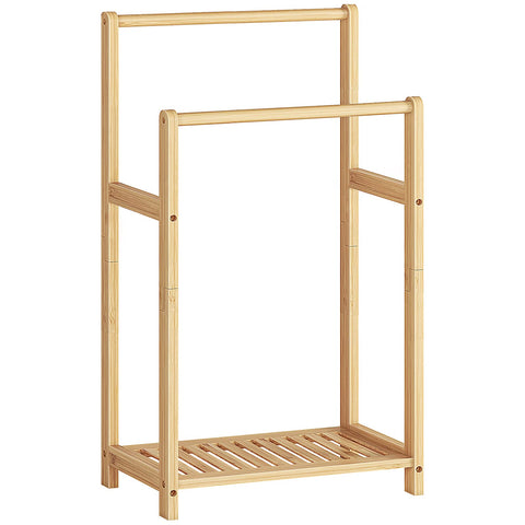 HOOBRO freestanding towel rack in bamboo with two tiers for organized towels.