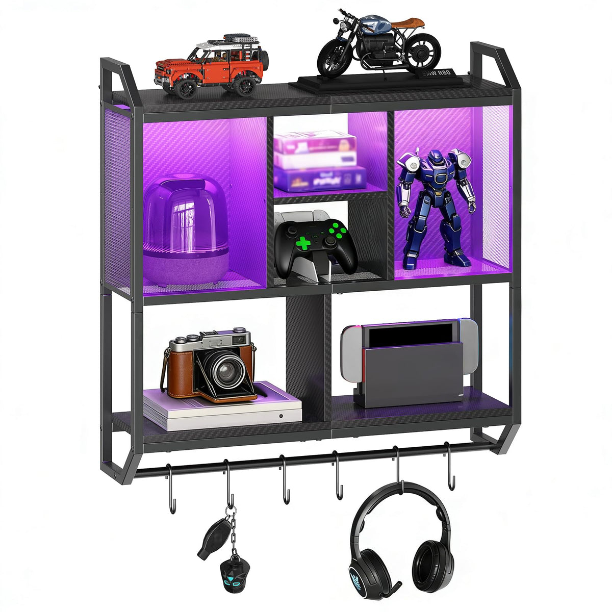 HOOBRO gaming floating shelves with LED lights showcase a vibrant display for your gear.