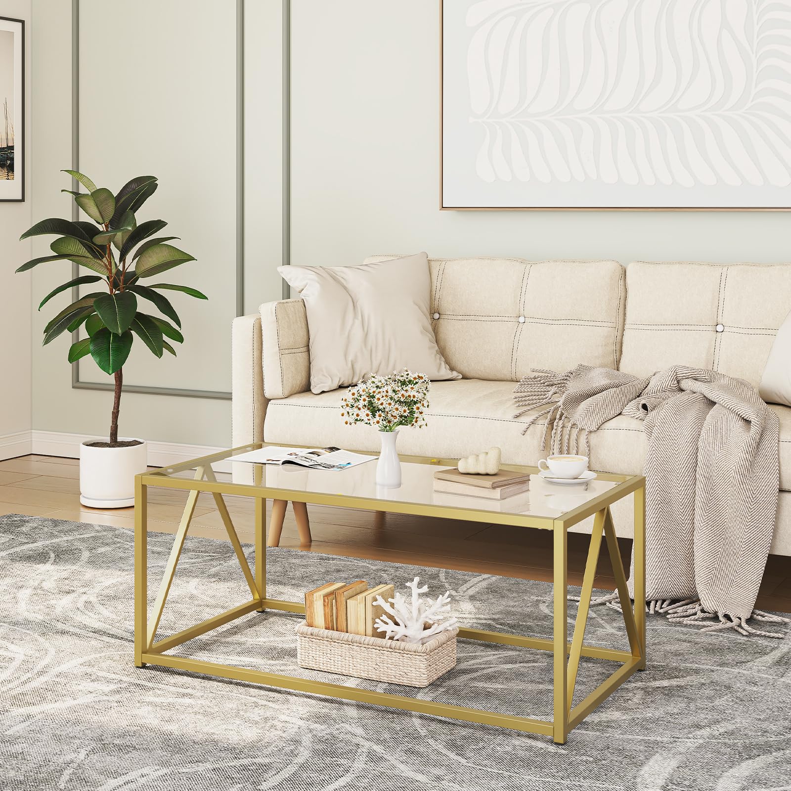HOOBRO gold glass coffee table top view, durable tempered glass surface for living rooms
