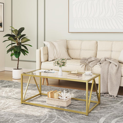 HOOBRO gold glass coffee table top view, durable tempered glass surface for living rooms