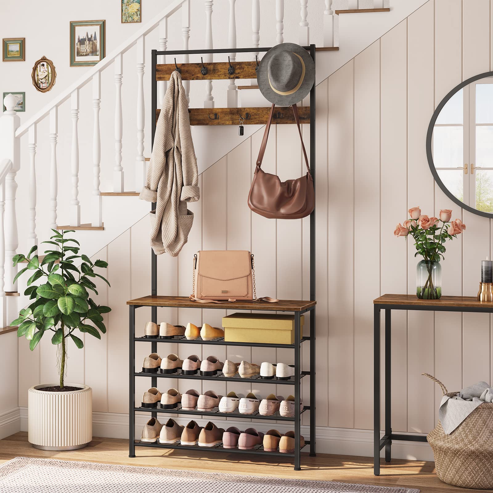 HOOBRO hall tree shoe storage five shelves keeps footwear organized.