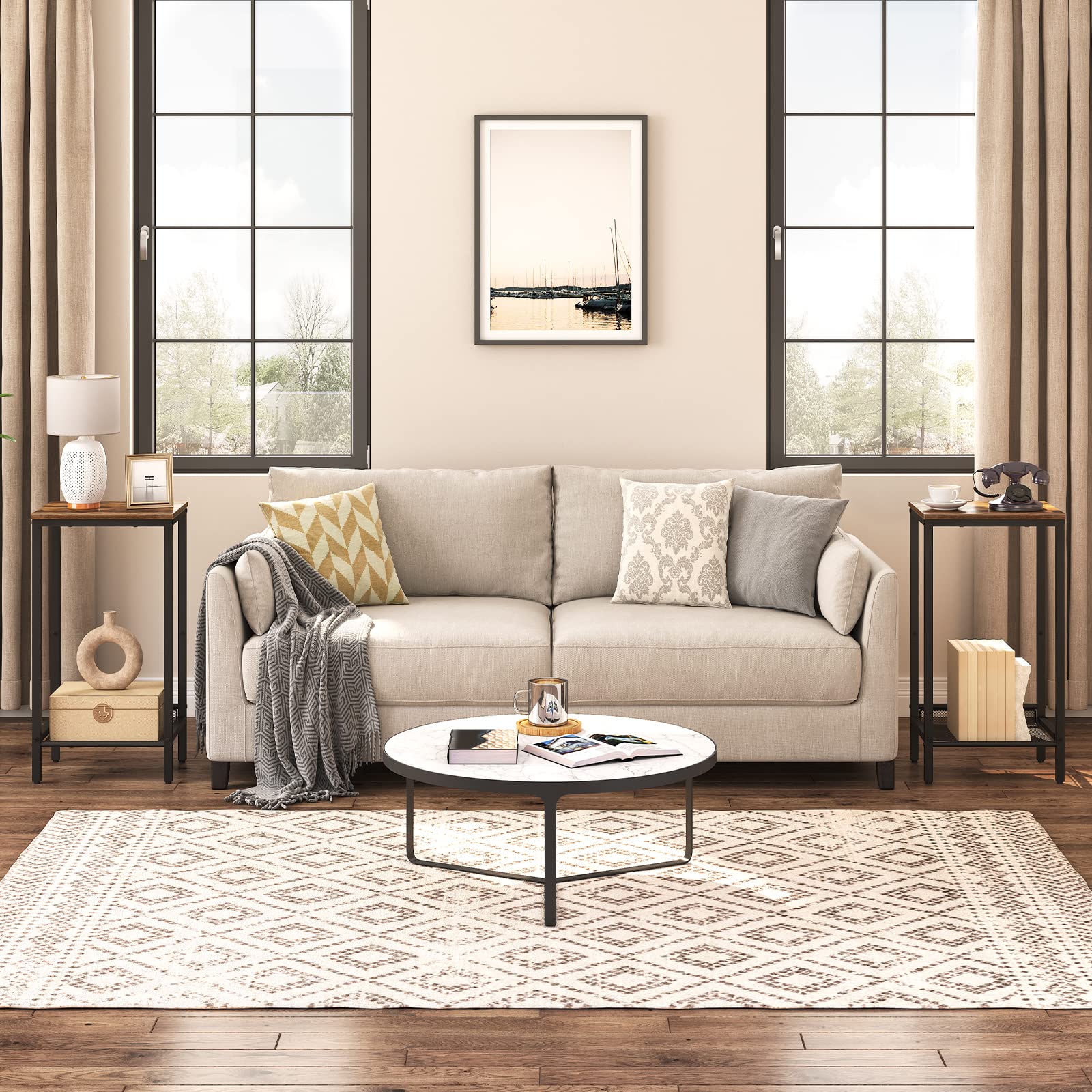 HOOBRO industrial end table with adjustable mesh shelves for storage