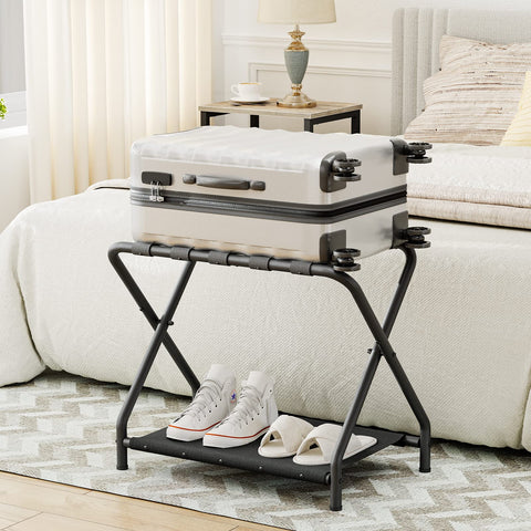 HOOBRO luggage rack 100lb-capacity demonstrates sturdy metal frame