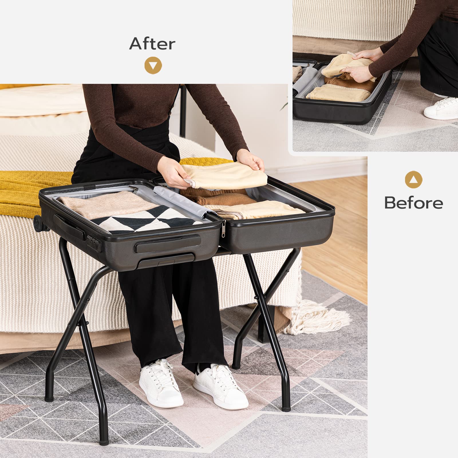HOOBRO luggage rack all-black design blends with décor