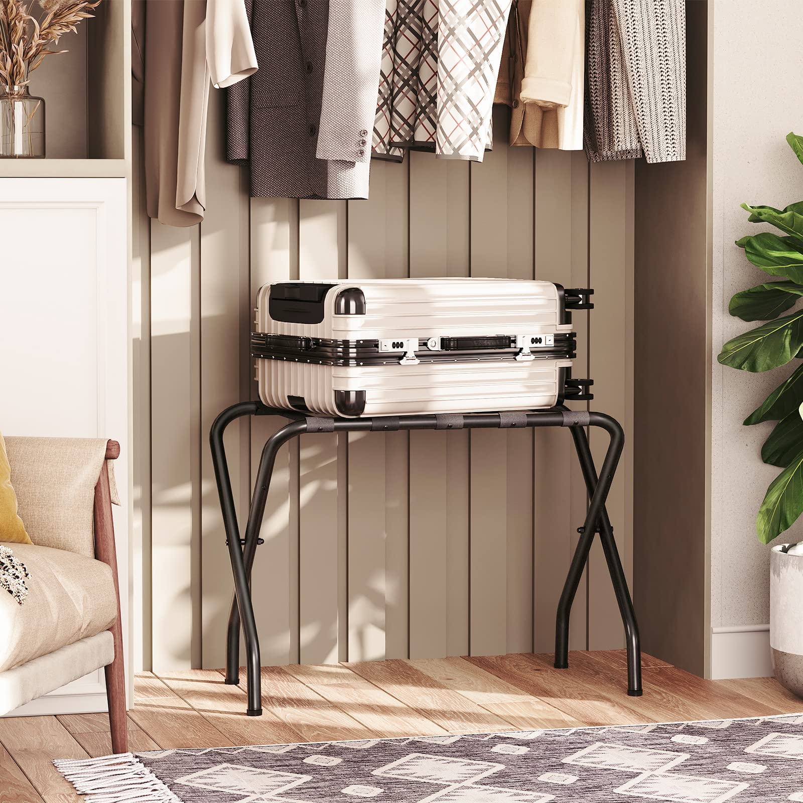 HOOBRO luggage rack in bedroom setup for organized packing