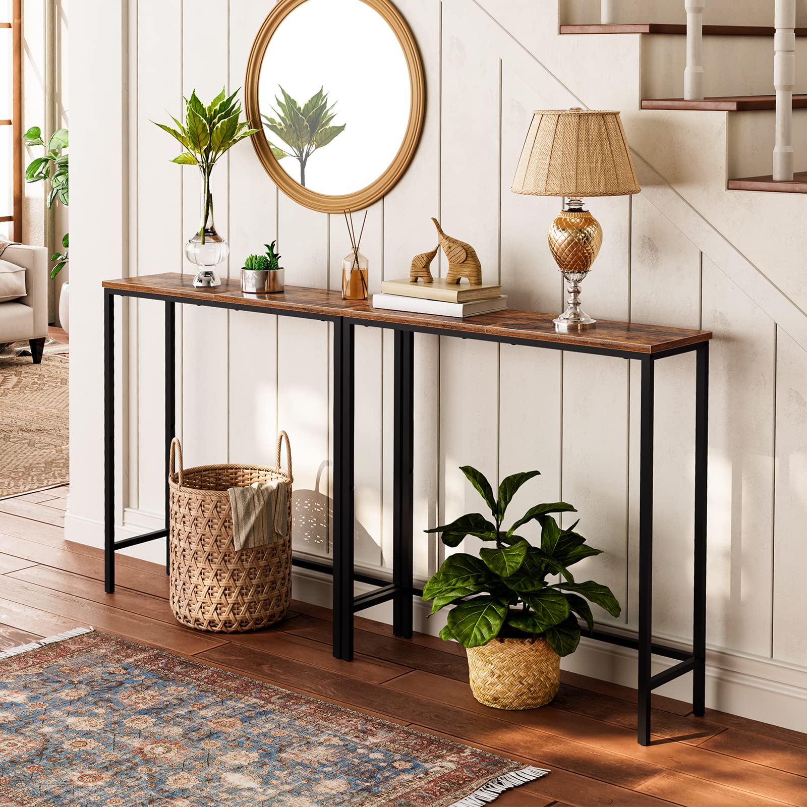 HOOBRO slim sofa table behind couch demonstrates compact, versatile living room setup.