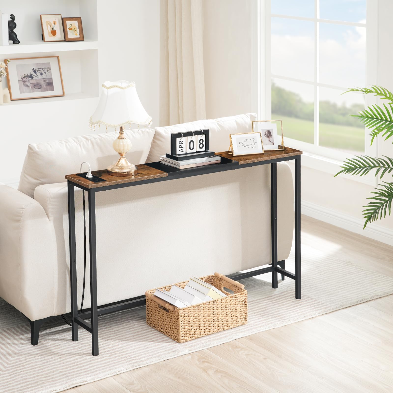 HOOBRO narrow console table behind a sofa with display shelf for decor.