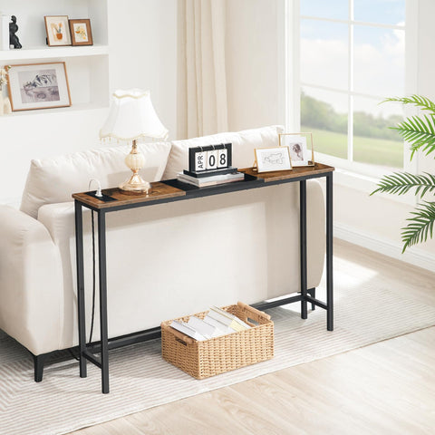HOOBRO narrow console table behind a sofa with display shelf for decor.