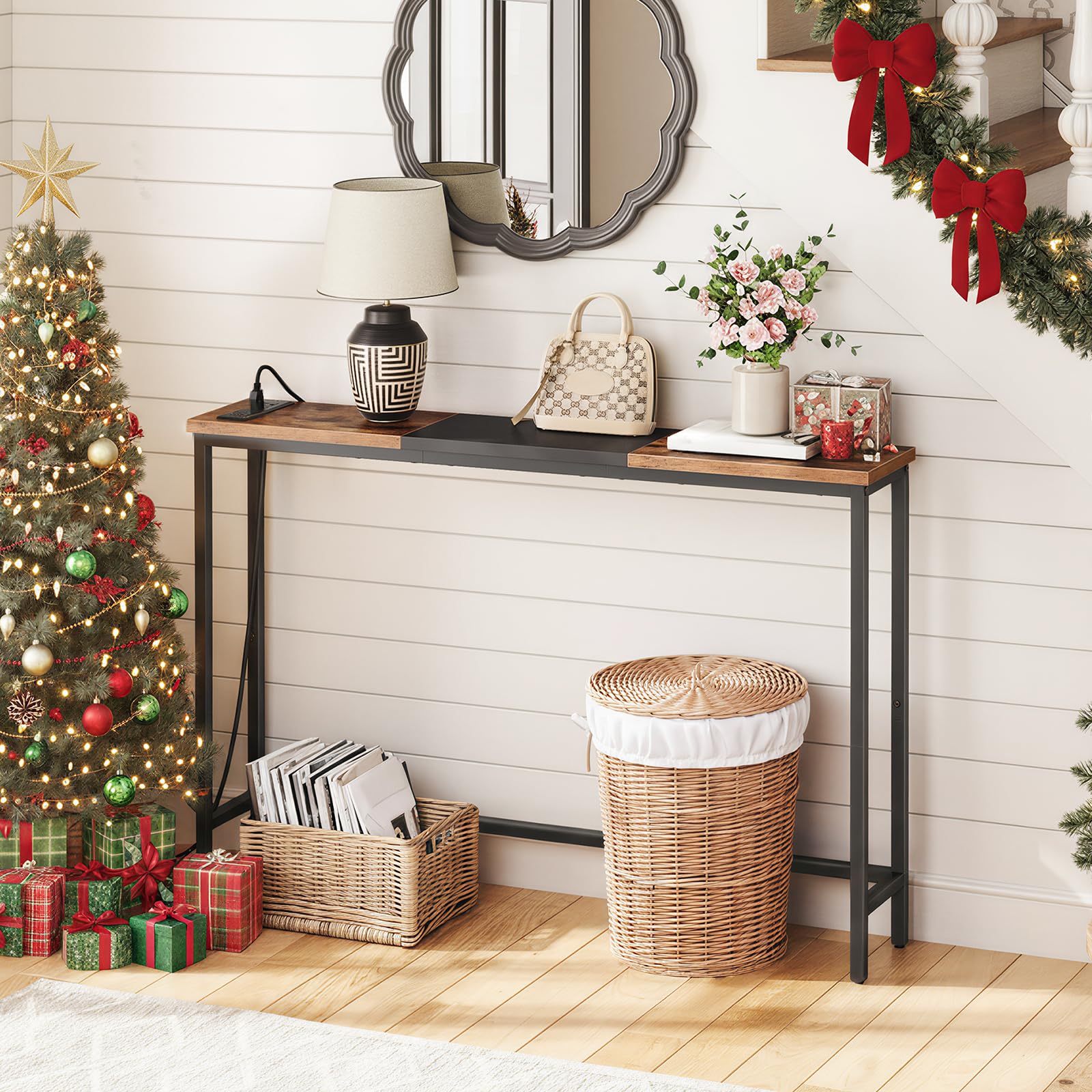 HOOBRO narrow console table dual-color top in rustic brown and black for modern spaces.