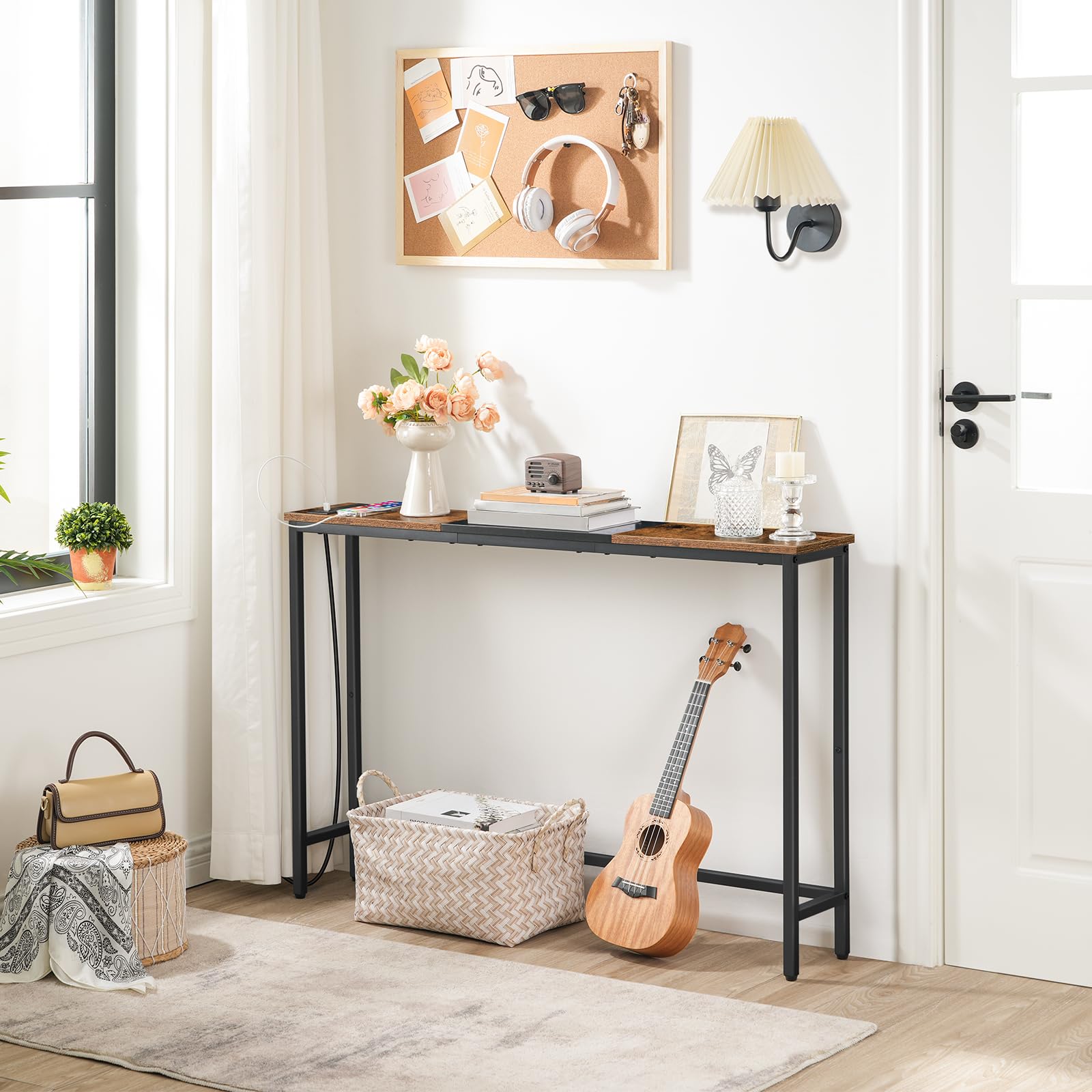 HOOBRO narrow console table shown with left-side outlet installation option.