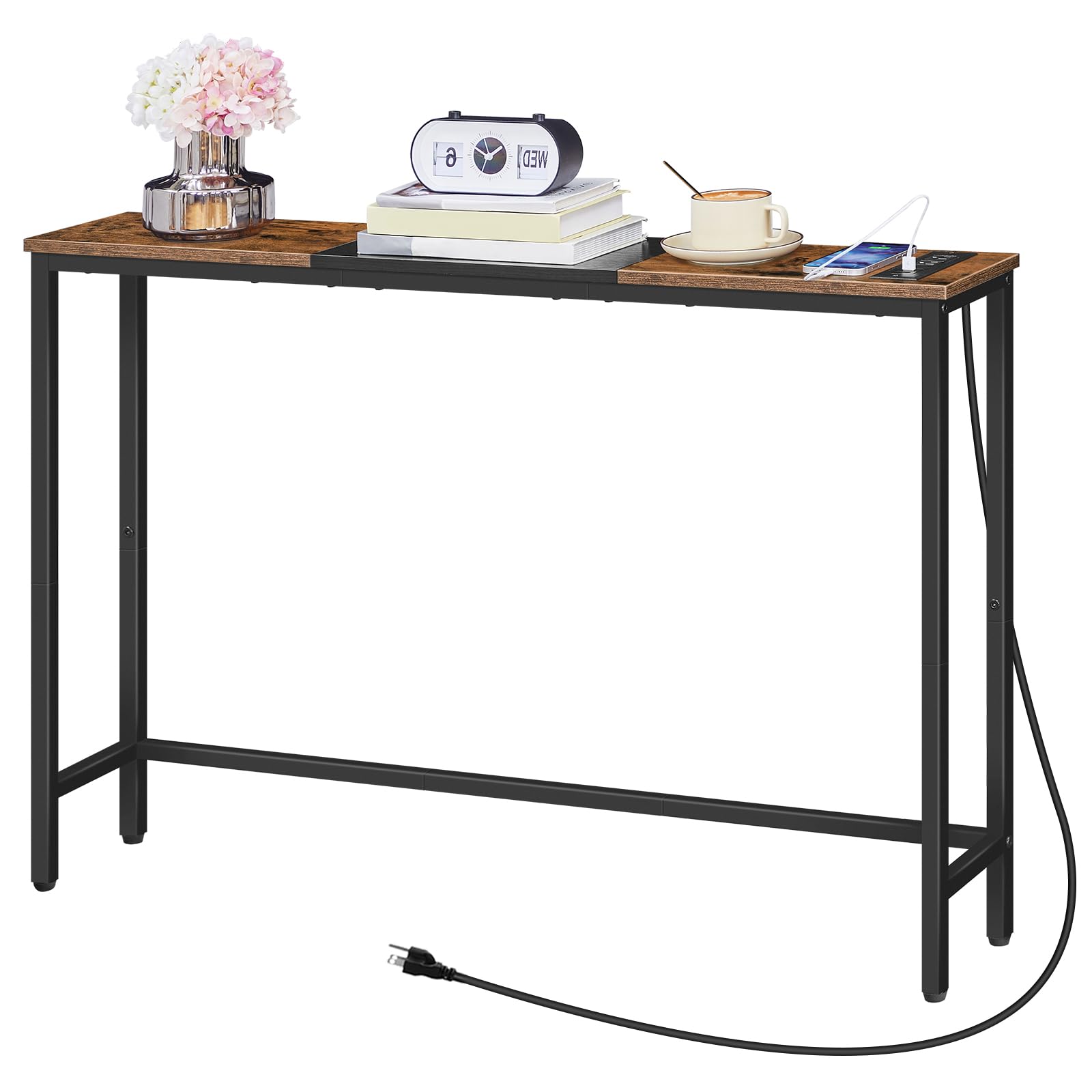 HOOBRO narrow console table power outlets close-up showing dual USB and Type-C ports.