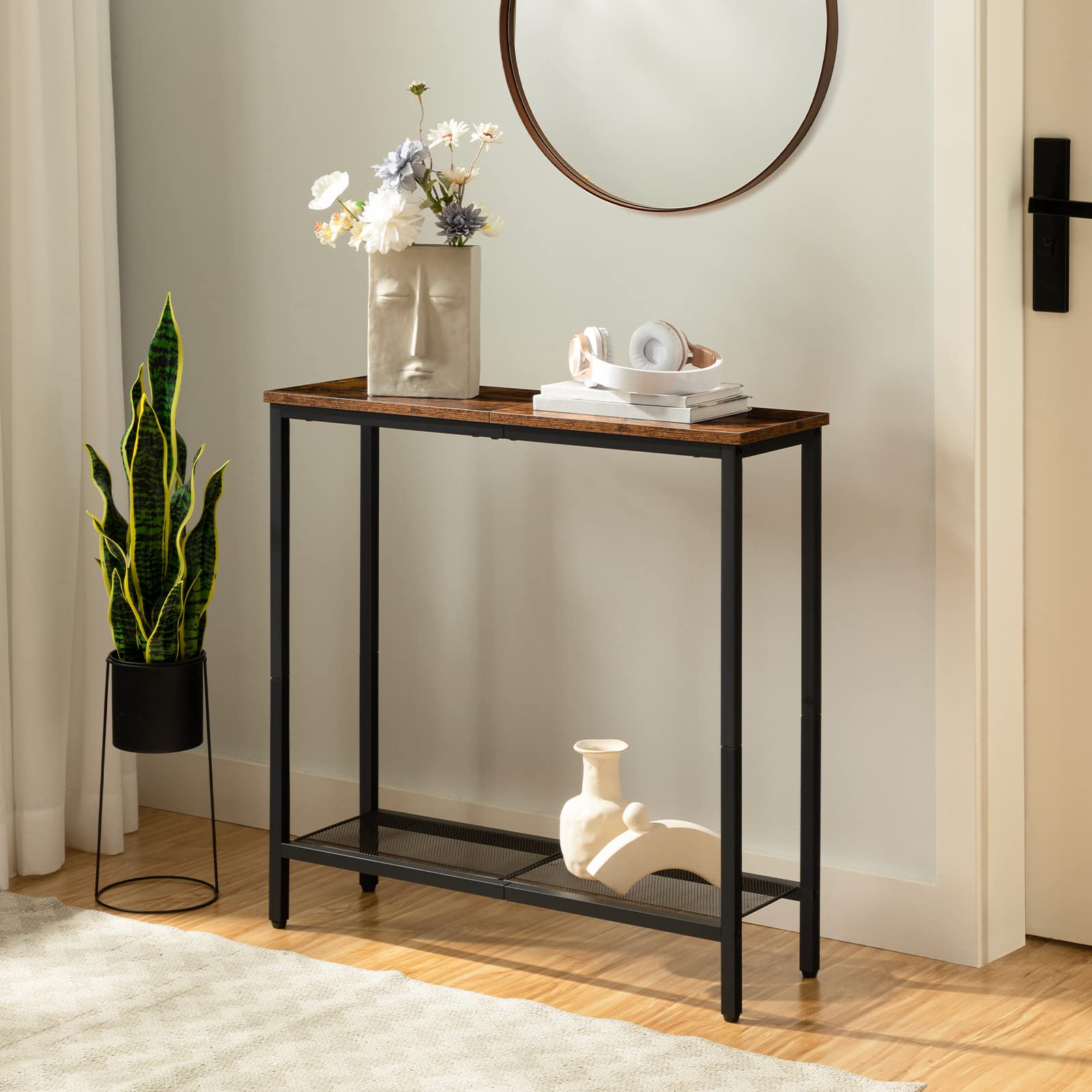 HOOBRO two-tier shelf console table offers extra display space for books and decor.