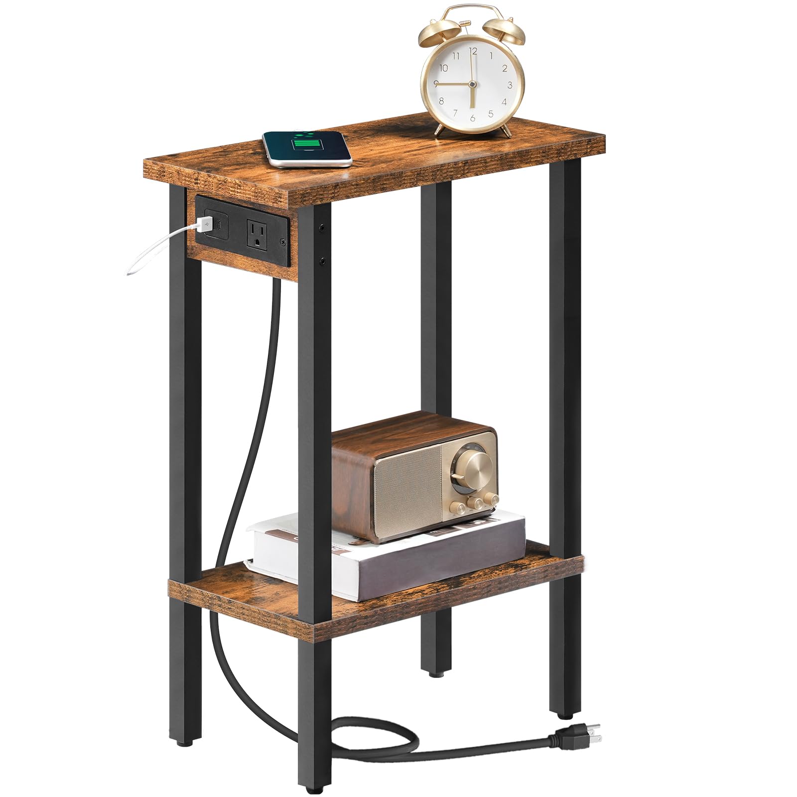 HOOBRO narrow side table with charging station, front view showing outlets and ports