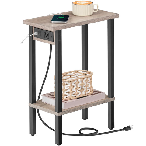 HOOBRO narrow side table with charging station beside the bed keeps devices powered.