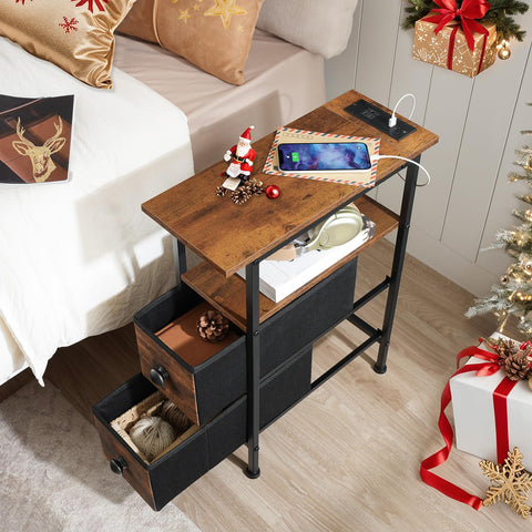 HOOBRO narrow side table with USB outlet placed beside a sofa for quick charging.