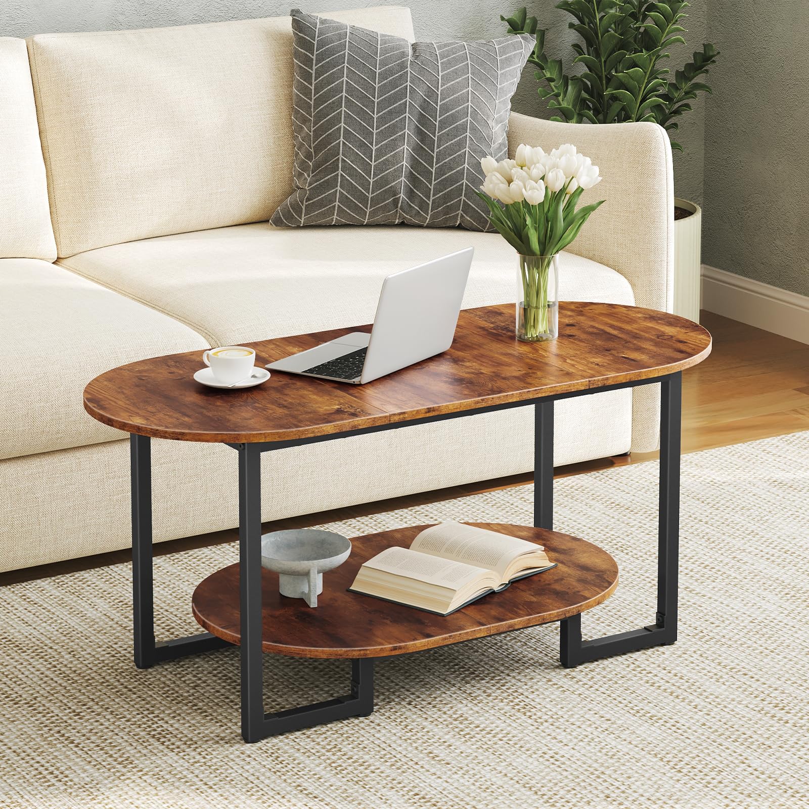 HOOBRO oval coffee table front view shows rustic charm and a compact footprint.