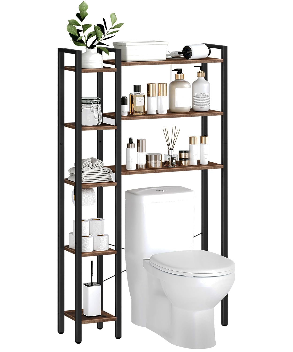 HOOBRO over-the-toilet storage front view shows eight shelves for towels and toiletries