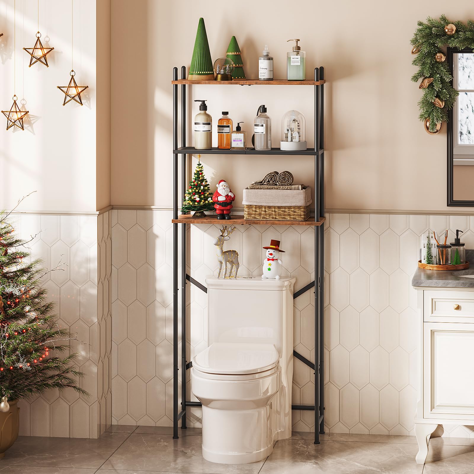 HOOBRO over-the-toilet storage assembly, tool-free setup for quick installation.