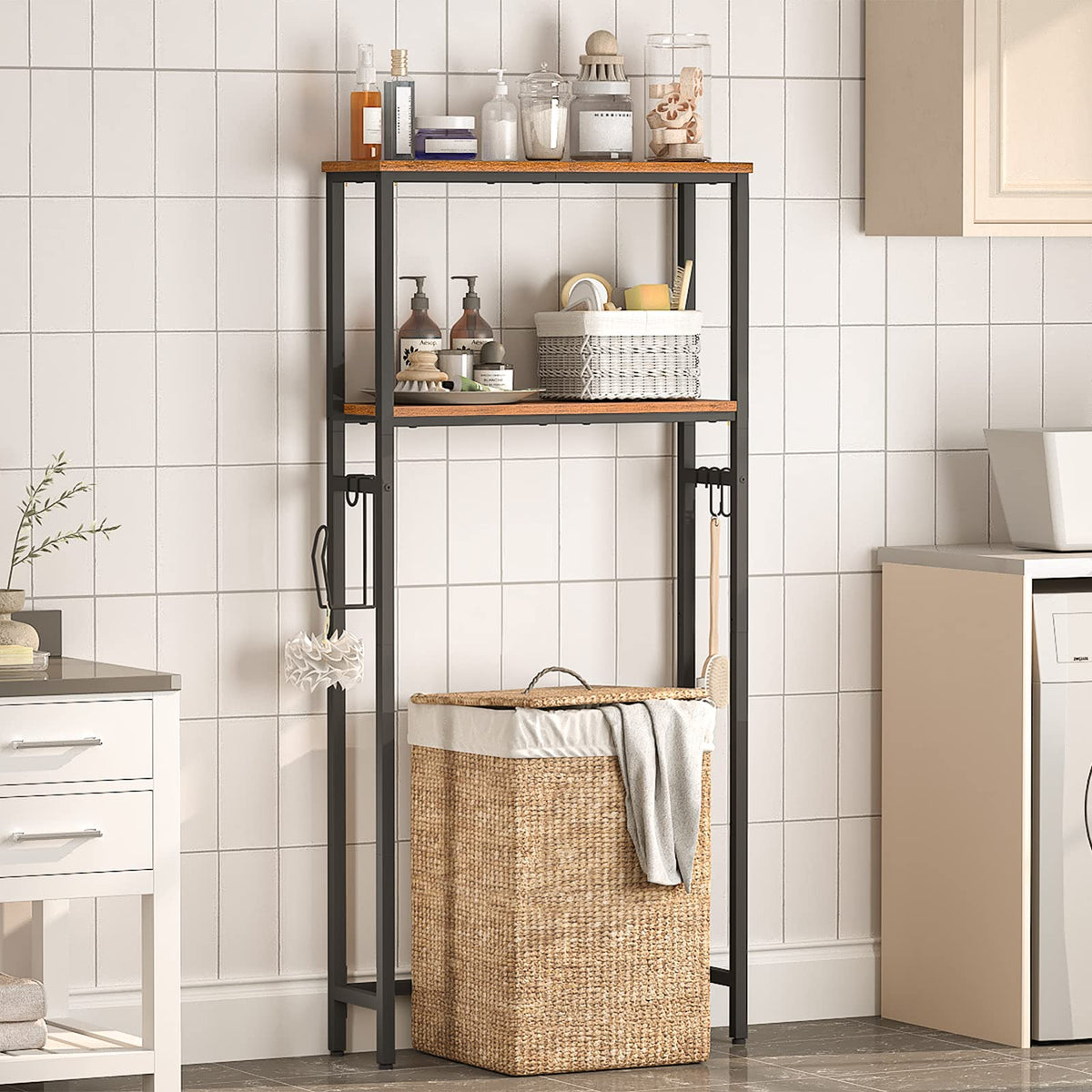 HOOBRO over-the-toilet storage front view shows space-saving design for compact bathrooms