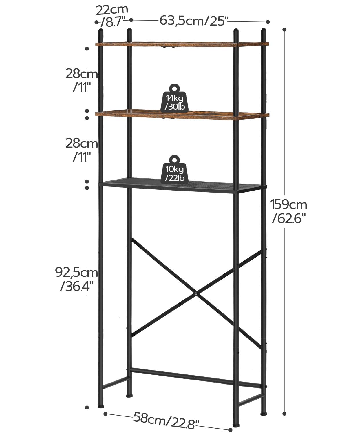 HOOBRO over-the-toilet storage side view, tall vertical shelves for easy reach.
