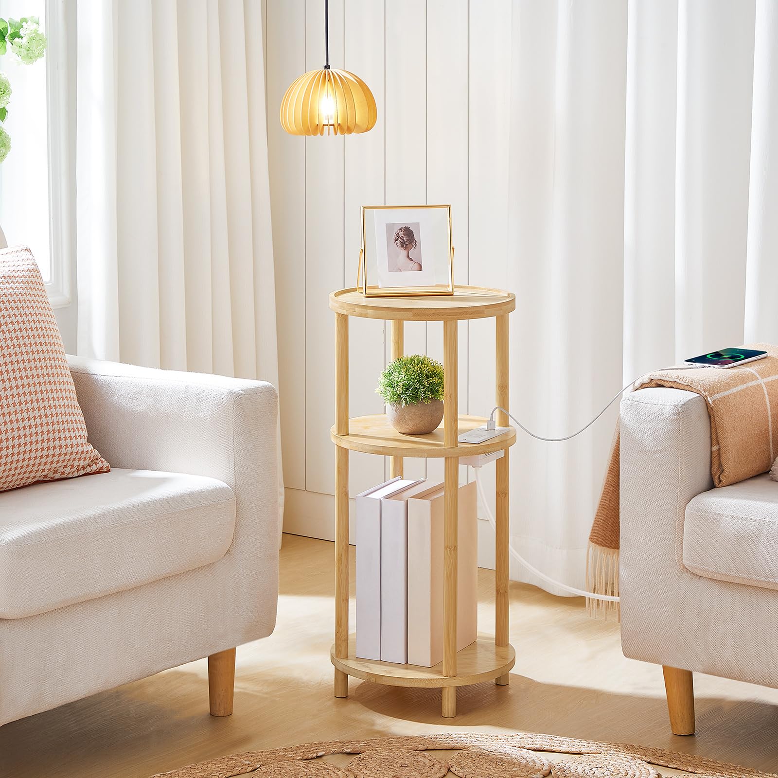 HOOBRO round bamboo end table 3-tier for compact living room organization
