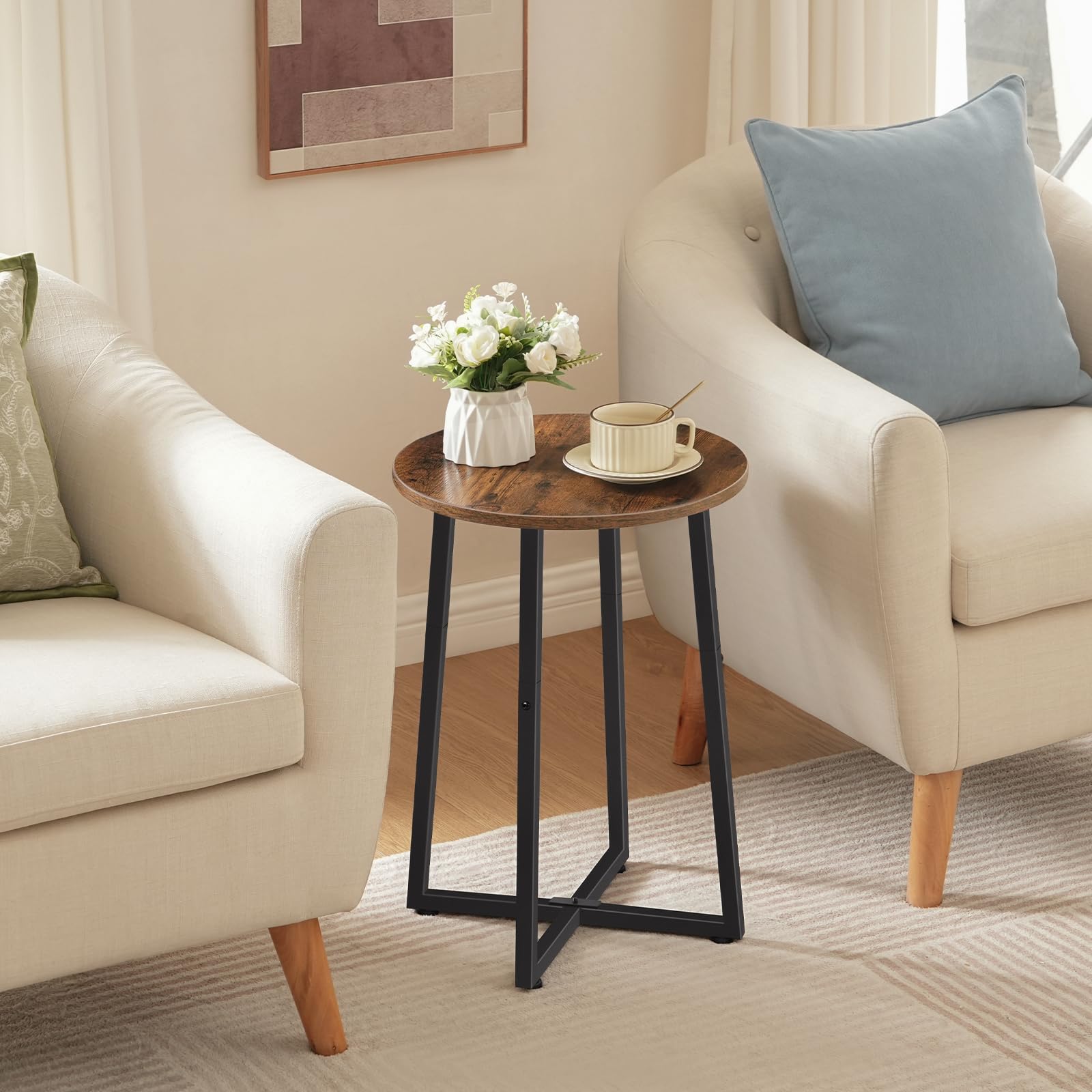 HOOBRO round end table placed beside a bed as a practical nightstand.