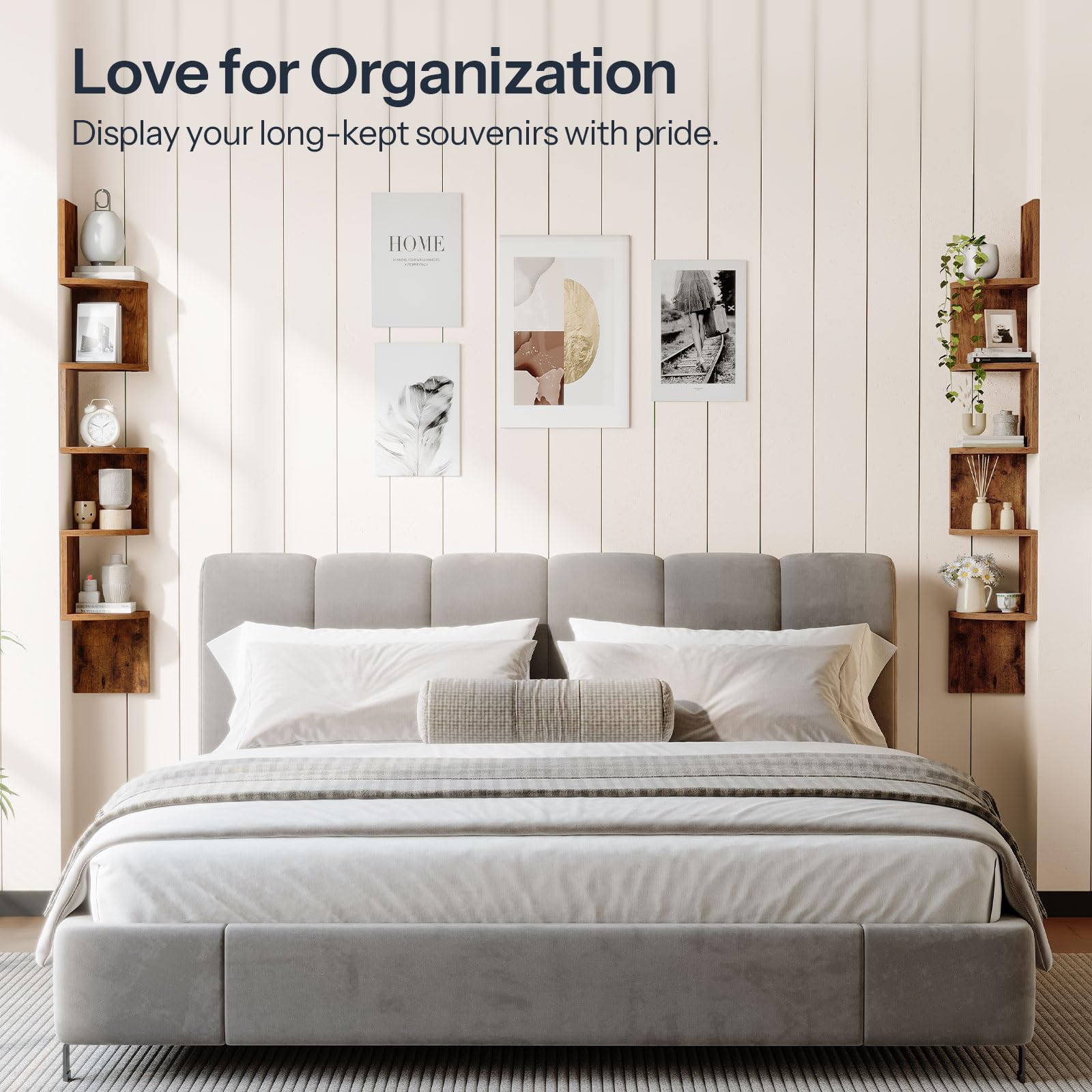 HOOBRO rustic brown corner shelves add warmth, storage and character to a bedroom.